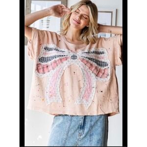 Oli & Hali Peach Thermal Knit Bow Patchwork Paint Splatter Top Large JT0602
